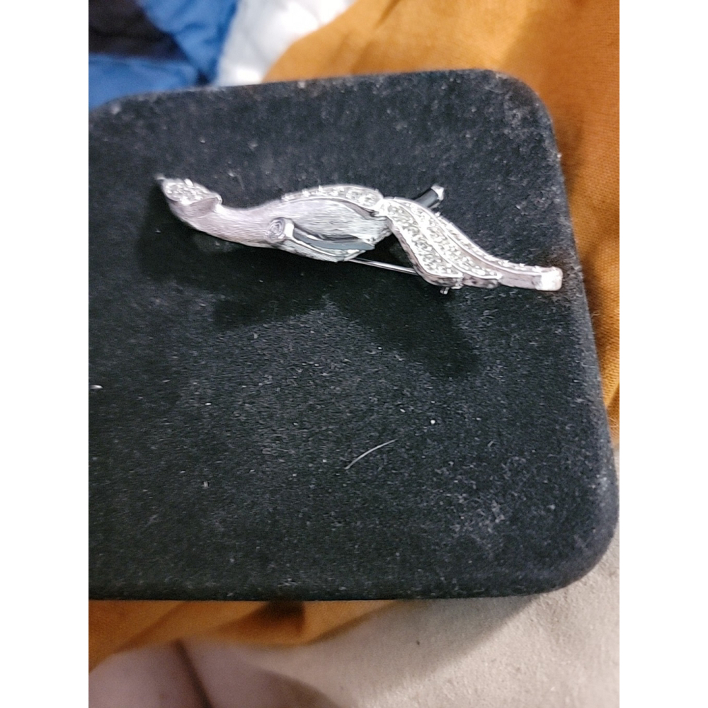 VINTAGE BURBERRYS HERON BIRD BROOCH CRYSTAL Rhinestone Onyx SIGNED SILVER TONE - Picture 3 of 12